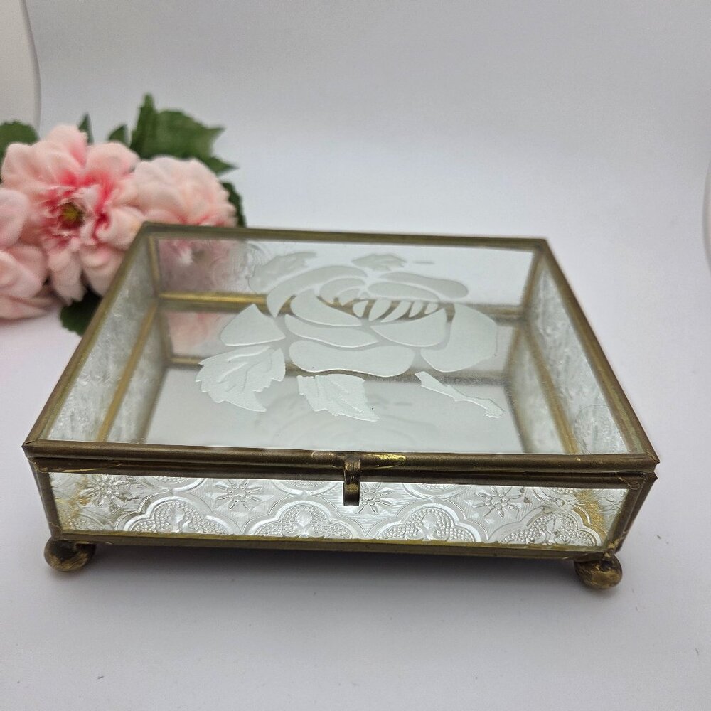 Vintage  Glass Mirrored Jewelry Trinket Box Etched Rose Brass Mid Century